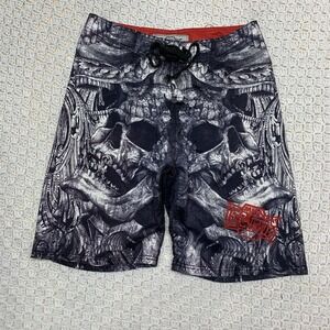 MMA Elite Shorts Mens Sz M 32x10 Black Gray  Skulls Board Swim Trunks Wrestle‎